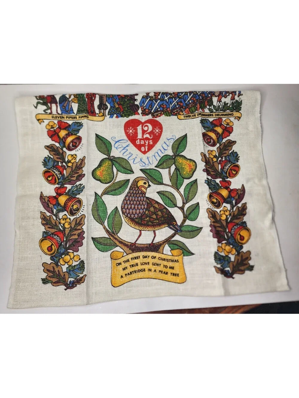 Vintage Tea and Pot Holder Linen Partridge In A Pear Tree 12 Days of Christmas
